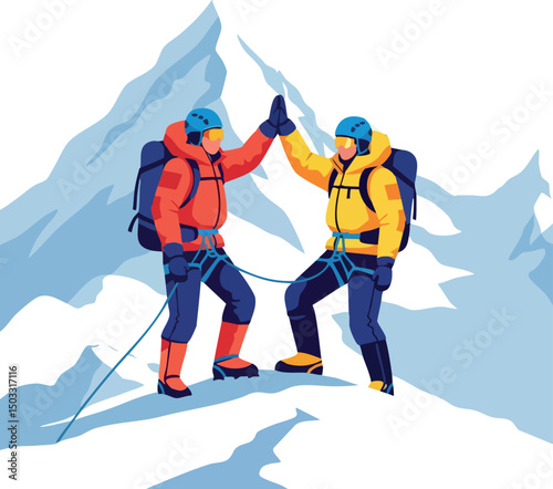 Mountain climbers high five celebrating success in snowy alpine landscape vector illustration 