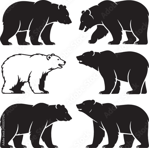 Grizzly bear polar bear black white silhouettes set