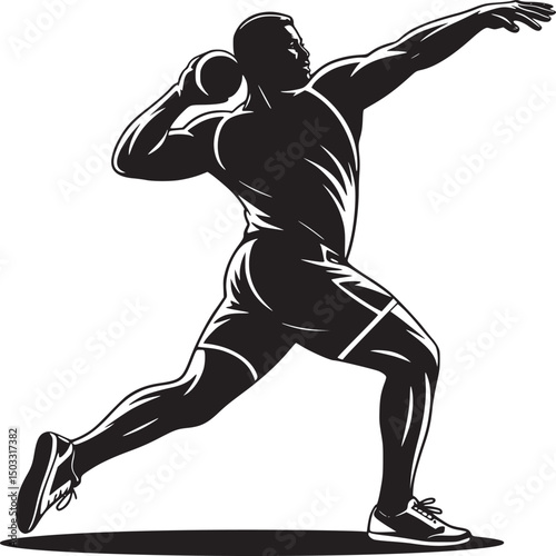 Silhouette of a shot putter in action preparing to throw the shot with arm extended in monochrome style