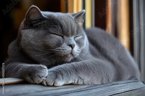 Gray cat resting peacefully on a windowsill