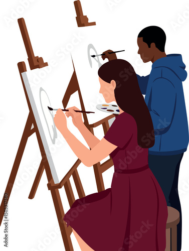 Two people painting on easels in art class with focused expressions vector illustration 