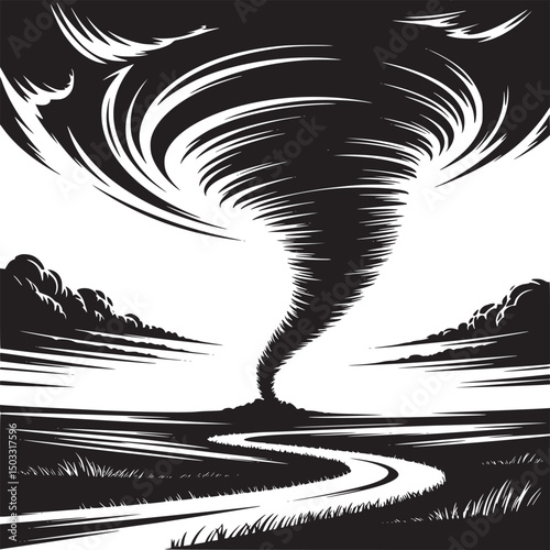A black and white illustration of a tornado over a field with a winding path in the foreground
