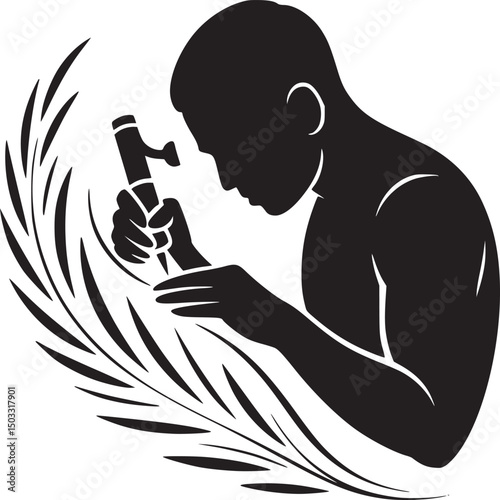 Silhouette of a man carving with a hammer and chisel surrounded by decorative foliage design element