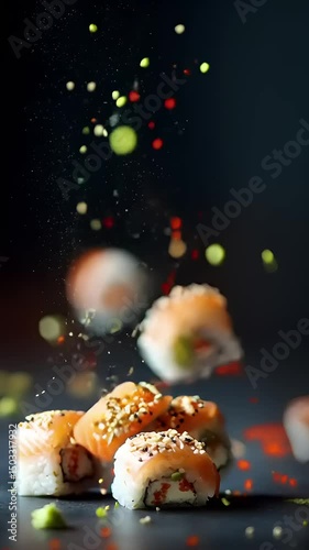 Delicious sushi rolls floating in mid-air, surrounded by colorful spices and a dark background