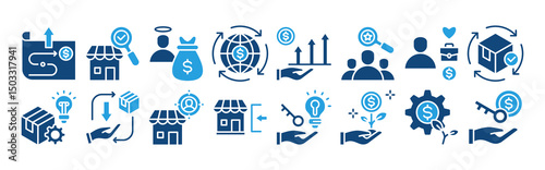 Business opportunities icon collection set. Containing entrepreneurship, innovation, investment, venture, profitability, market research, strategic planning icon. Simple flat vector.	