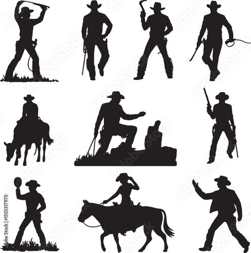 Nine cowboy silhouettes western ranch rodeo poses