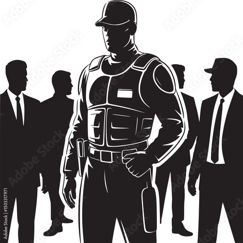 Security guard in tactical vest stands out from a crowd of men in suits in black and white art