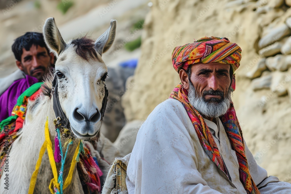 Fototapeta premium Men riding horses in mountainous terrain