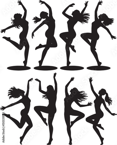 Silhouettes of graceful dancers in various poses