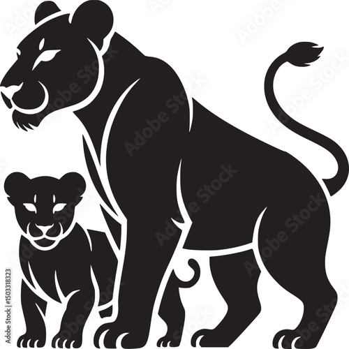 A black and white illustration of a lioness standing next to her cub on a white background art