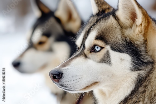 Huskies in the snow during a winter day