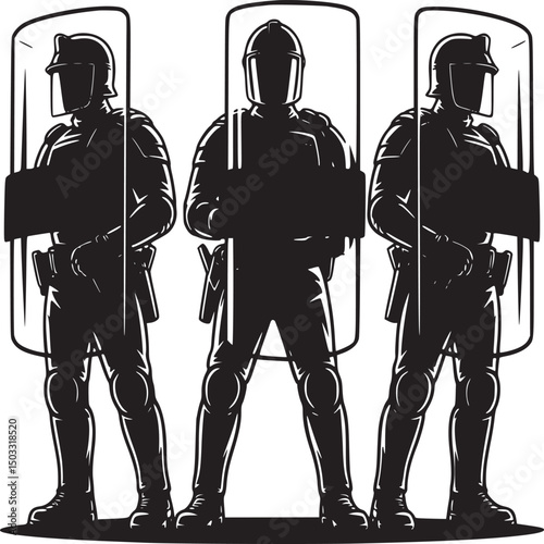 Three riot control officers in full gear standing shoulder to shoulder holding shields in a monochrome style