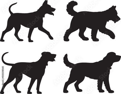 Four dog silhouettes walking side profile