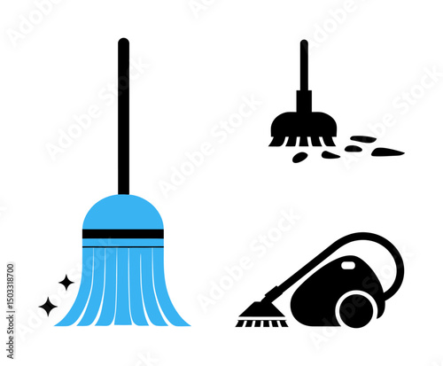 Cleaning supplies icons broom vacuum dustpan housekeeping