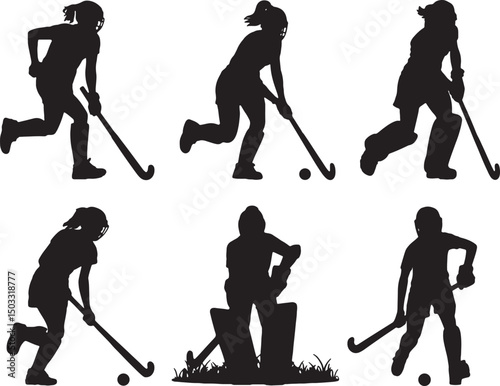 Field hockey silhouettes action poses players sports