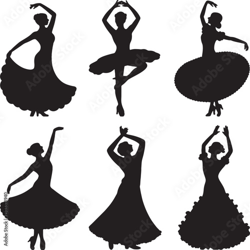 Six elegant dancer silhouettes ballet flamenco dance