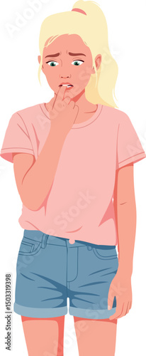 Worried young girl biting nails in casual summer outfit vector illustration 