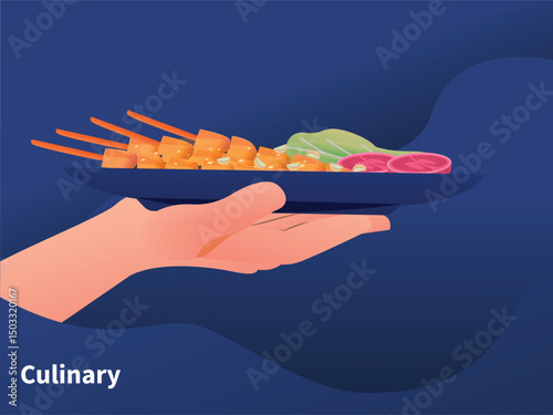 Serving traditional Indonesian grilled satay cuisine. Silhouette color style illustration.
