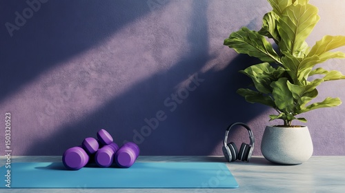 A corner features a yoga mat with purple weights and headphones, beside a fiddle-leaf fig.  The scene evokes fitness, wellness, minimalist interior design, relaxation, and a home gym aesthetic.
 