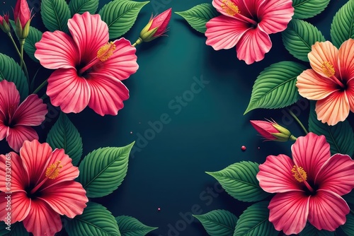 Intricate hibiscus blooms, lush leaves, vibrant tropical pattern , exotic, art