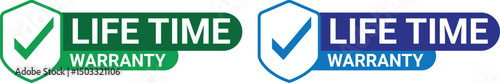 green and blue lifetime warranty badges with checkmark symbols and bold text inside shield shapes	