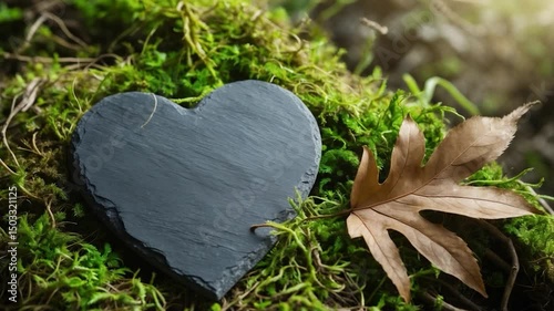 Heart tribute or funeral heart, empty heart resting on moss. Eco-friendly burial location, showcasing a blank memorial plaque. Tree burial and its idea.