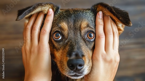 A dog, its ears hidden by hands, looks frightened.  Many pets are terrified by holiday noise, especially on the Fourth of July.
 