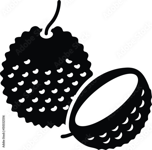 An Artistic Depiction of the Lychee Fruit Featuring Texture Details with an Open Half Revealing Pulp