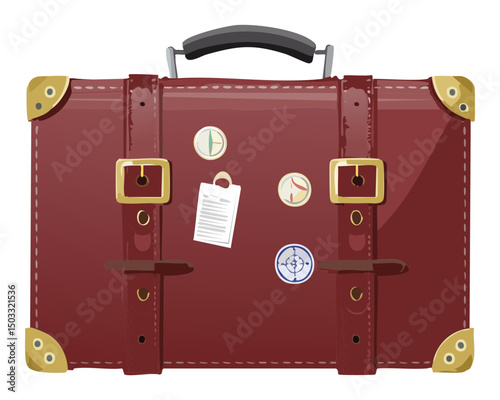 classic maroon vintage suitcase with white tags