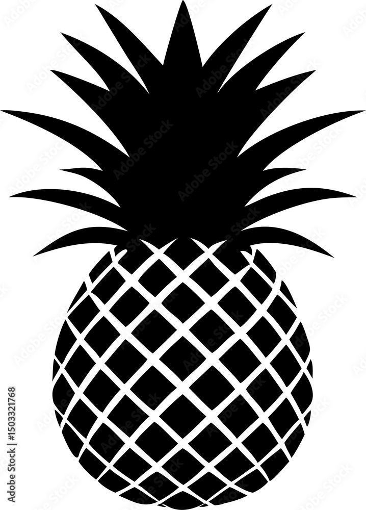 Fototapeta premium Silhouette of Pineapple Exotic Tropical Fruit with Spiky Exterior and Leafy Crown, Symbol of Hospitality and Vacation Vibe, Black and White Image