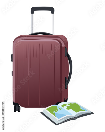 elegant maroon suitcase with travel map