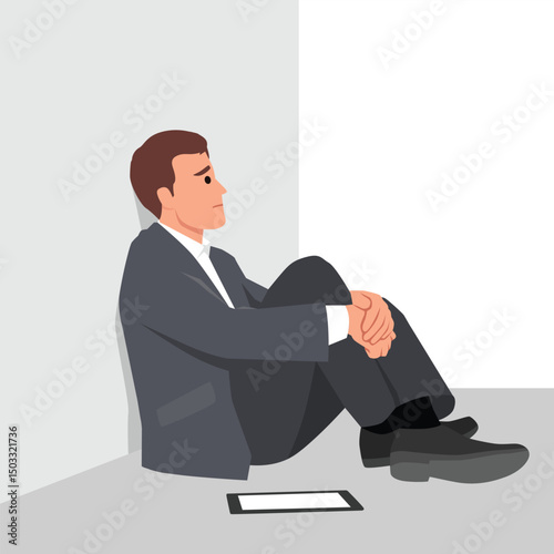 Stressed Businessman in Isolation. Worried businessman in a suit sits alone in a corner. Flat vector illustration isolated on white background