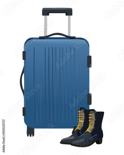 sleek blue hard case luggage with hiking boots