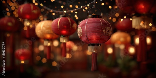 detailed close-up of hanging lanterns in red and gold with glowing light effects, warm festive atmosphere for cultural celebrations photo