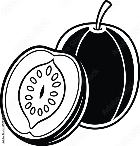 Exotic Passion Fruit Still Life Cross Section and Whole Fruit Depicted in a Black and White Illustration