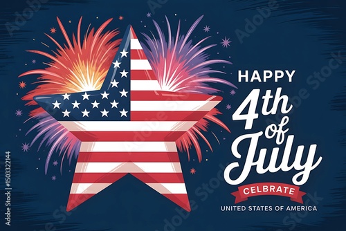 4th of July Celebration with Fireworks and American Flag Star