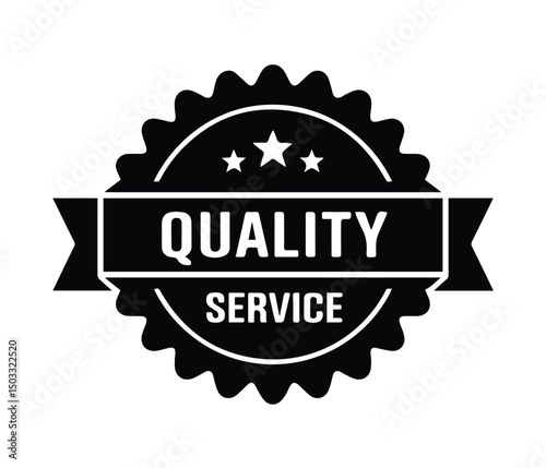 Quality Service Badge Vector Black Silhouette Emblem for Certified and Guaranteed Services.