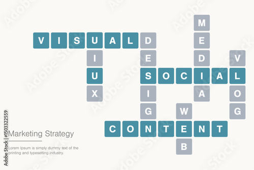 Marketing Strategy Promotion Design Layout! Concept with crossword forming service provided by the organization.