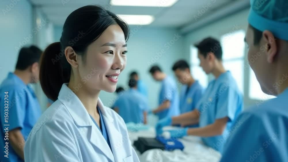 Confident female doctor in white coat supervising medical students during surgical training in bright hospital room, symbolizing healthcare education and leadership Confident female doctor in white coat supervising medical students during surgical training in bright hospital room, symbolizing healthcare education and leadership