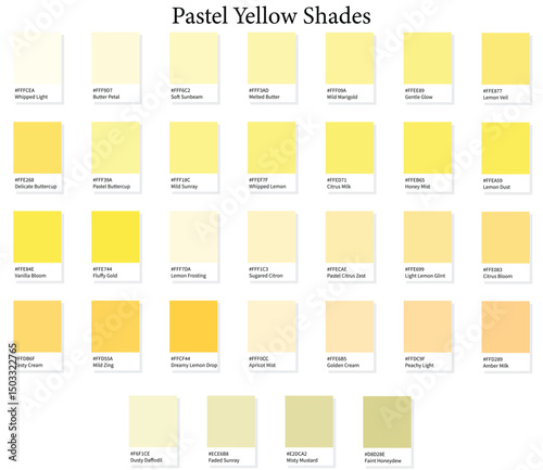 32 Pastel Yellow Shades Color Swatches - 3d Light and Neutral Yellows Tones - with HEX Codes and Names, Colour Palette, Scheme and Gradient
