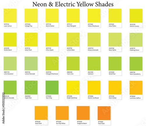 32 Neon and Electric Bright Yellow Shades Color Swatches - 3d Vibrant Yellows - with HEX Codes and Names, Colour Palette, Scheme and Gradient