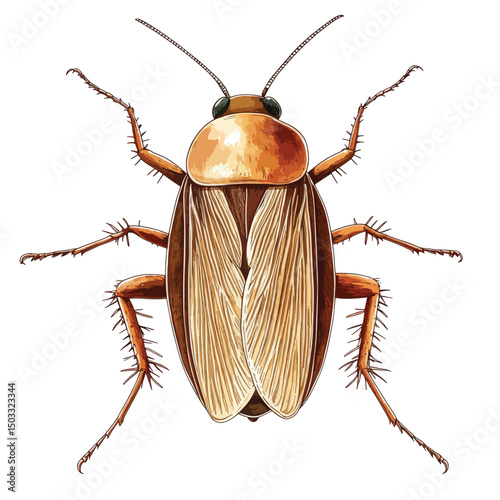Detailed Illustration of a Brown Cockroach with Prominent Antennae and Spiked Legs