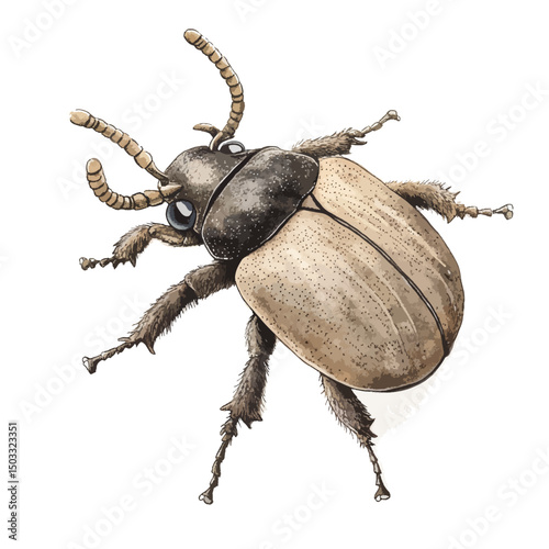 Detailed Illustration of a Brown Beetle with Unique Antennae