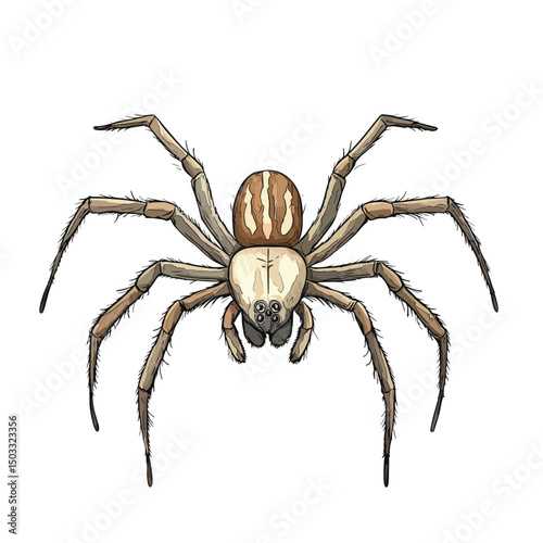 Detailed illustration of a brown spider with striped abdomen and hairy legs