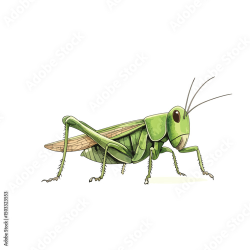 Detailed Illustration of a Green Grasshopper with Antennae and Wings