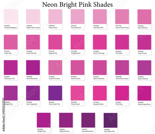 32 Neon and Electric Bright Pink Shades Color Swatches - 3d Vibrant Pinks Tones - with HEX Codes and Names, Colour Palette, Scheme and Gradient