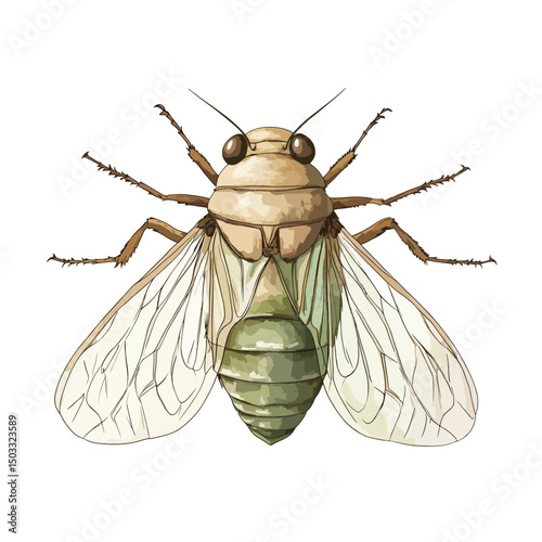 Detailed Illustration of a GreenToned Mayfly with Veined Wings and Spiked Legs