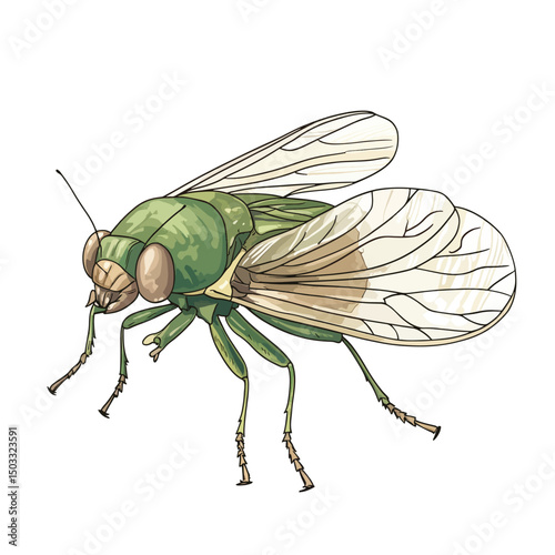 Detailed Illustration of a Green Insect with Transparent Wings and Antennae