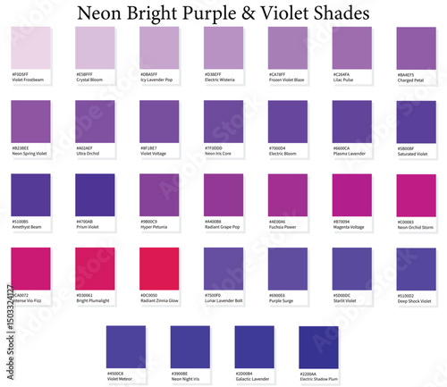 32 Neon and Electric Bright Purple Shades Color Swatches - 3d Vibrant Purples, Violets to Dark Deep Tones - with HEX Codes and Names, Colour Palette, Scheme and Gradient