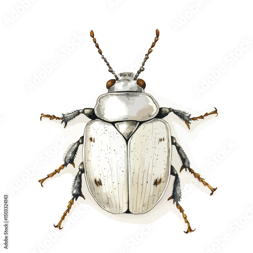 Detailed Illustration of a White Scarab Beetle with Segmented Antennae and Spiked Legs